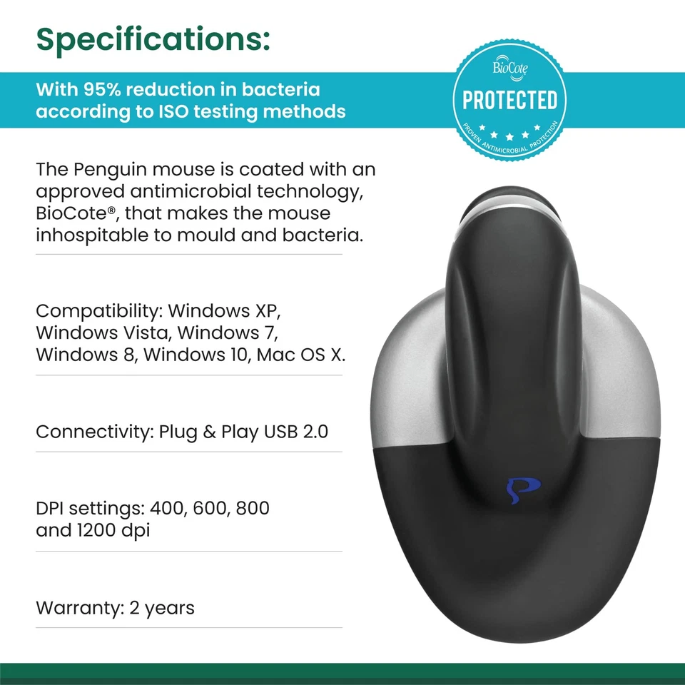 Penguin Ambidextrous Wired Ergonomic Mouse USB, Alleviates RSI, Easy-Glide, V... - Image 3 of 4