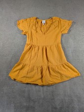 Knox Rose Babydoll Dress Womens Small Mustard Yellow Textured Tiered Split Neck