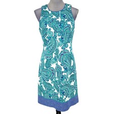 Ann Taylor Dress Womens 8 Green Blue White Paisley Lined Stretch Cotton Zip