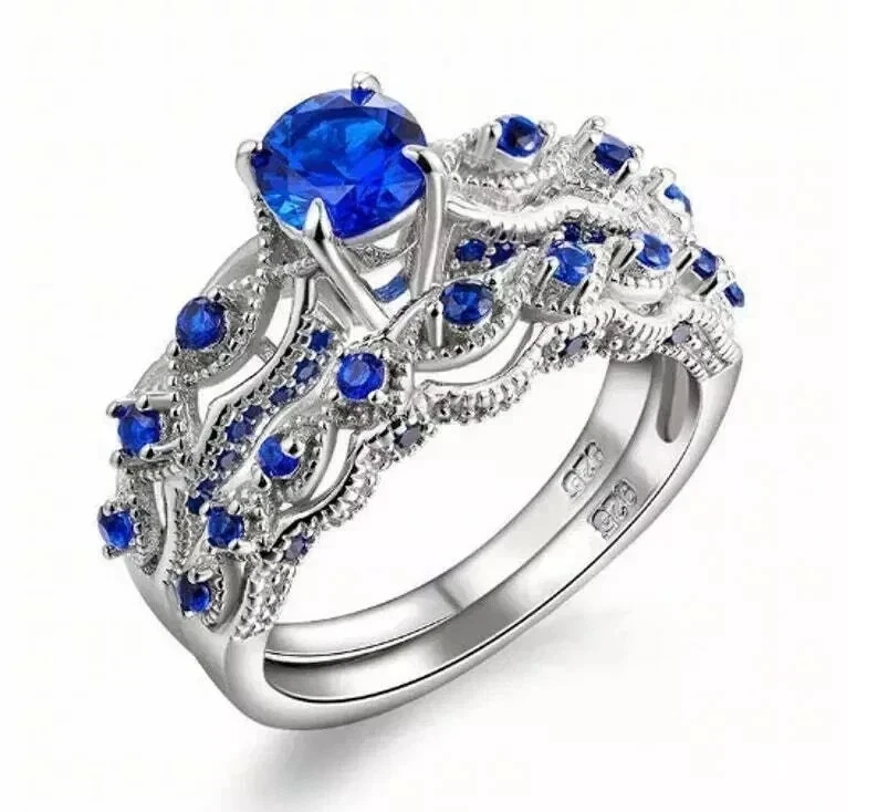 Juego de anillos de compromiso nupciales de oro blanco de 14 k de diamantes creados en laboratorio de corte redondo de 3 quilates FN Foto 2 de 3