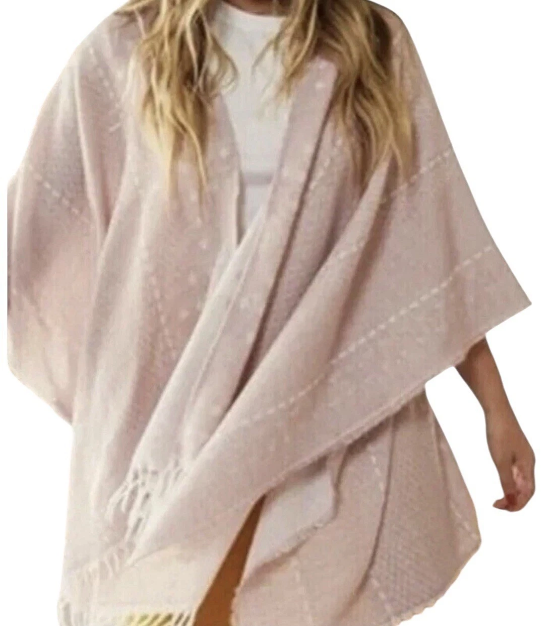 New Gentle Fawn Kimono Women’s M/L Pink Shawl Wrap Fringe Poncho Cozy Outdoor
