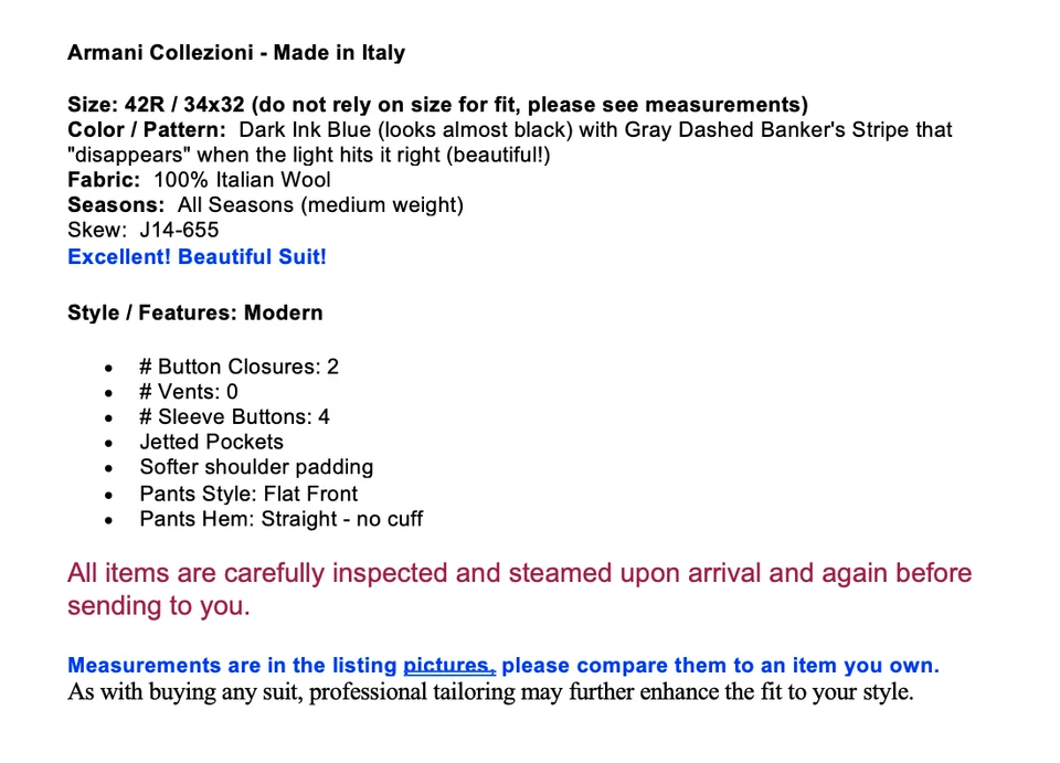 Armani Collezioni мужской 42R 34 x 32 темно-синий банкир полоски итальянский дизайнерский костюм - Изображение 2 из 4