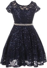 Navy Blue Floral Lace Top Glitter Pearl Wedding Dinner Party Flower Girl Dress
