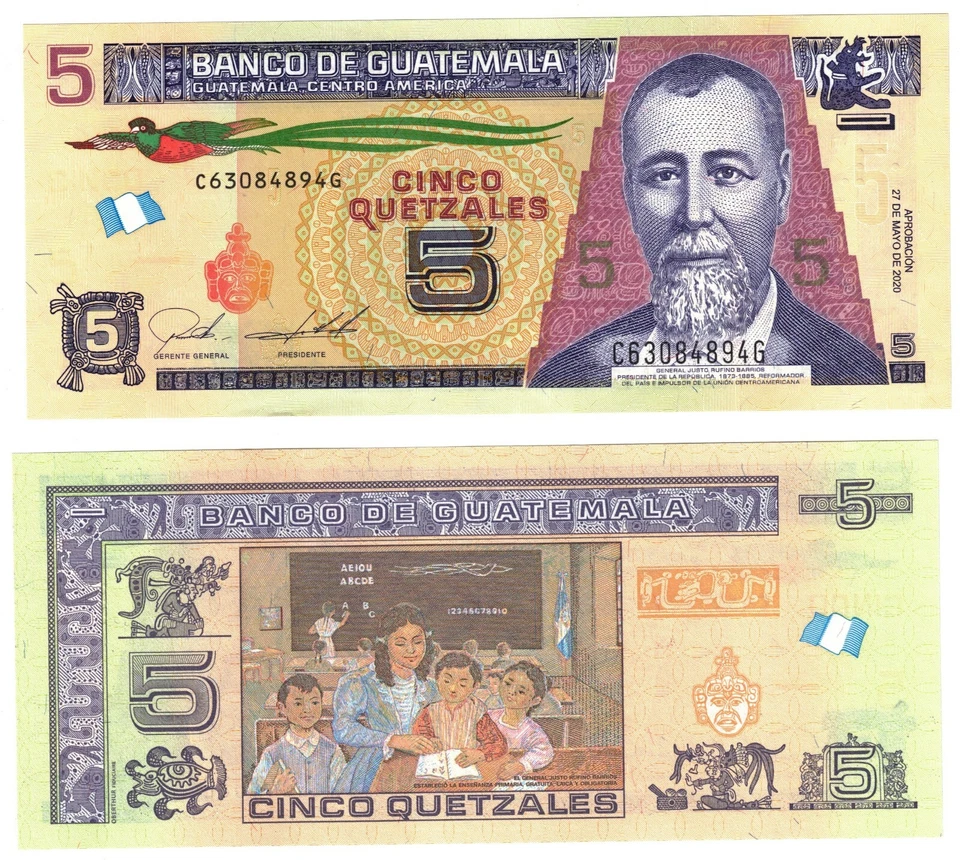 2020 (2022) Guatemala P122a 5 Quetzales Banknote UNC w/ flag Oberthur - Bild 1 von 1