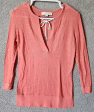 LOFT Women's 3/4 Sleeve Tie V Neck Lightweight Knit Tunic Top Solid Pink Size XS