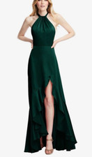 Social Bridesmaids Forrest Green Satin Slit Ruffled Halter Dress Gown XS NWT