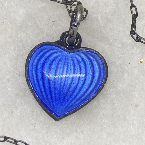 Antique OPRO Sterling Silver Pendant 925 Blue Enamel Heart Necklace 22” Chain - Picture 2 of 7
