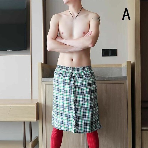 Men Night Skirt Pocket Cotton Blend Plaid Bath Sleepwear Loungewear Lightweight - Picture 8 of 18