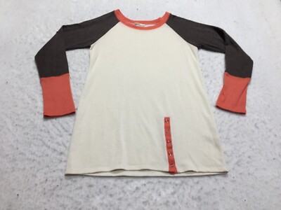 Twenty Second Top Womens M Ivory Black Orange Crew Neck Long Sleeve Snap Accent
