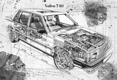Line Tech Zeichnung Volvo 740 Auto Car Classic Cutaway Kunst Poster Druck
