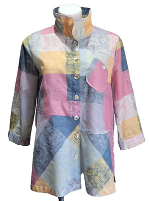 John Mark Size SMALL Patchwork Print Button Shirt Pockets Wire Collar 3/4 Sleeve