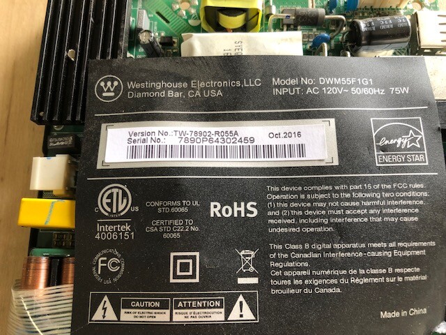 Westinghouse Main Board / Power Board for DWM55F1G1 Version TW