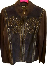 Vtg Bob Mackie Womens Brown Suede Knit Jacket With Brown And Gold Embroidery Med