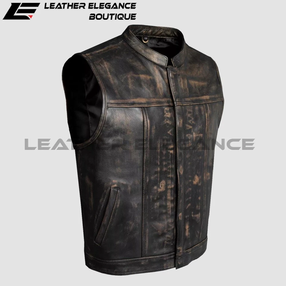 Mens Distressed Brown Cowhide Leather Club Vest l Men's Leather Vex Vest
