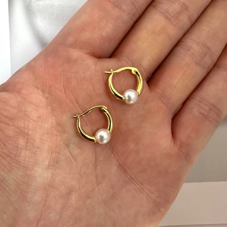 Pendientes de aro de oro con perlas blancas para mujer, pendientes de perlas Foto 4 de 4