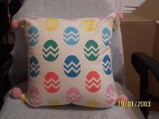 Easter Egg White Multicolored Pillow With Pom Pom Corners 15" X 15" New
