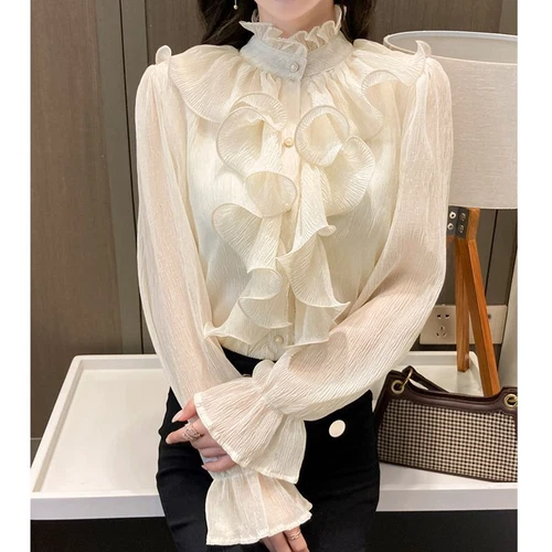 Blusa De Encaje Elegante Con Volantes Para Mujer Camisa De Gasa Con Cuello Alto- - Imagen 11 de 19