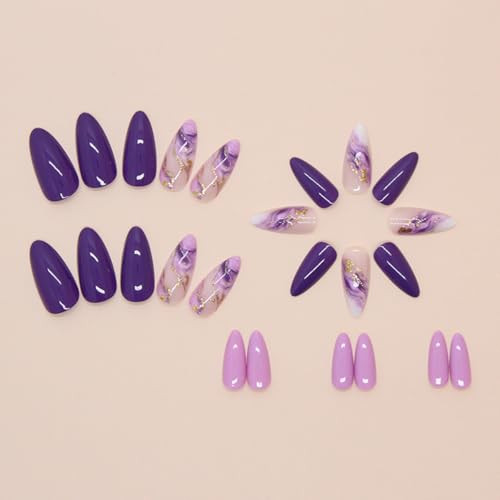 Purple Press on Nails Medium Almond Fake Nails Marble Nails Press ons with - Picture 4 of 7