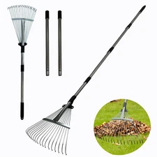 Metal Leaf Rake with 34-68" Adjustable Handle 8-17" Folding Head for Lawns