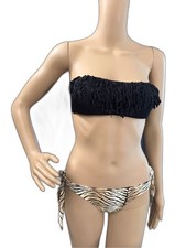 Victoria s Secret Bandeau Bikini Set Black Fringe Zebra Cheeky Side Tie Medium