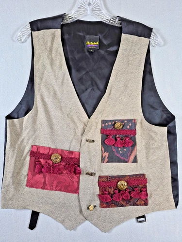 Vtg Hutspah Vest Women's Large Beige Tapestry Tassel Trim Button Front USA Made
