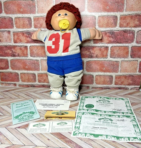 1985 Cabbage Patch Kid Doll Boy Brown Hair Eyes w Pacifier Sport Outfit & Papers
