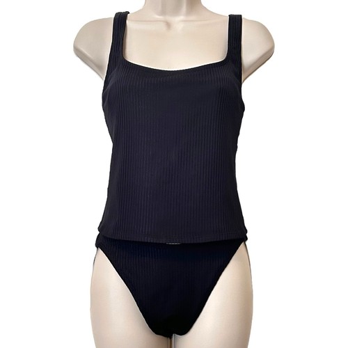 VTG 2-Piece Black Tankini Set SIZE 8 New Bikini Swimsuit Ribbed Anne Klein Y2K - Picture 2 of 13