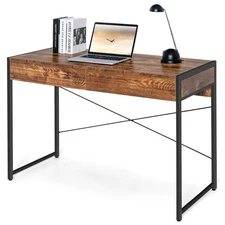 Computer Desk Metal Frame Study Table w/2 Drawers Home Office Workstation Rustic