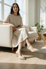 Jewel Badgley Mischka Shoshana Pointed Toe Sling Back Ivory Shoes Sz 8