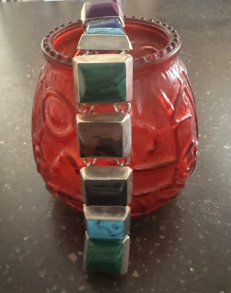 Vintage 7" Mexico 925 Sterling Silber Multi-Stein Inlay Armband, WUNDERSCHÖN! - Bild 1 von 3