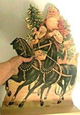 VTG XL MIDWEST Victorian SANTA  SLEIGH Dummy Board XMAS Cut Out WOOD FIGURE Sign