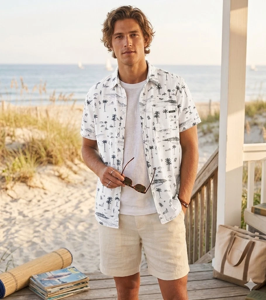 Mens Short Sleeve Button Up Shirt Beach Print white Palm Tree Casual Summer Top