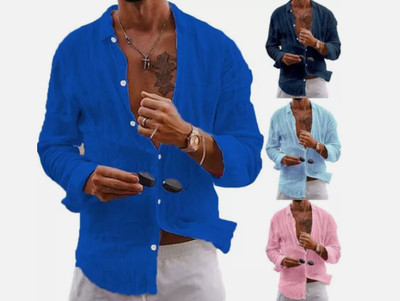 Mens Casual Cotton Linen Shirt Long Sleeve Loose Blouse Button Down Shirts Tops
