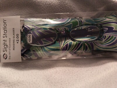 Sight Station Reading Glasses +2.00 W/ Soft Carrying Case Green Purple