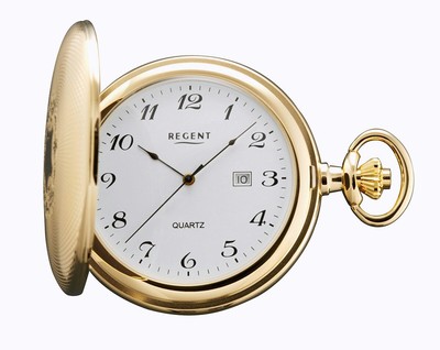 Gilded Regent P-740 Quartz Pocket Watch with Chain, 51 mm, Date, Easy to Read