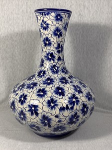Vintage Large Blue And White Porcelain Vase With Hand painted Pansies