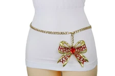 Women Narrow Waistband Belt Gold Metal Chain Ribbon Bling Bow Tie Buckle XS S M