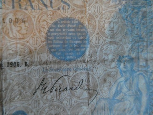 Billet 20 francs BLEU - 31 AOUT 1906 - FRANCE - Picture 6 of 8