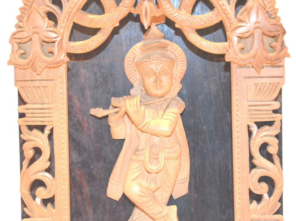 Krishna Flauta Sándalo Palisandro Estatuilla Hindú Vishnu Antigua Estatua De Colección g Foto 3 de 4