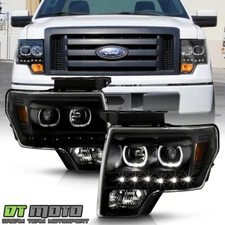 Black 2009-2014 Ford F150 SMD LED Halo Projector Headlights Headlamps Left+Right