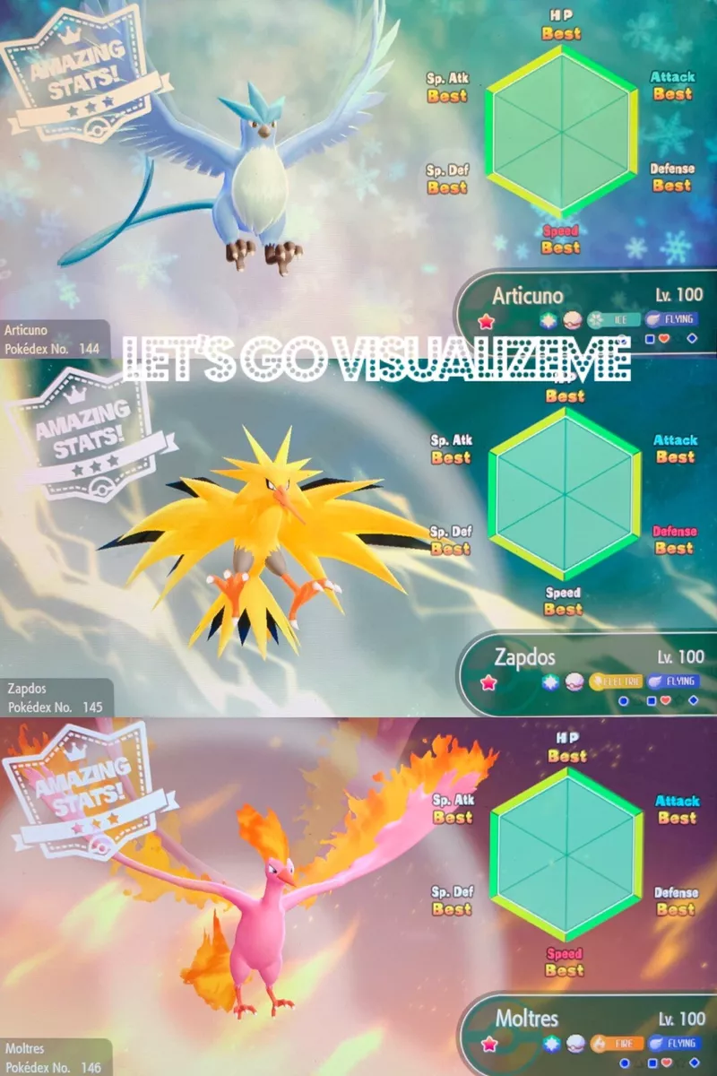 Pokemon Let's Go Pikachu & Eevee - Shiny Articuno Moltres Zapdos