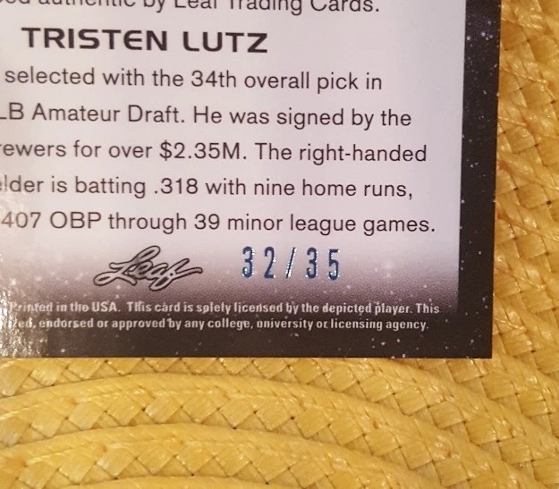 2017 LEAF VALIANT TRISTEN LUTZ MOON SHOTS BLUE AUTO #'D 32/35 - Image 4 of 4