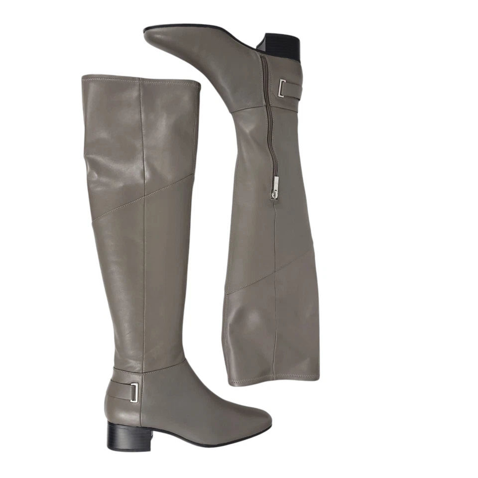 Botas H BY HALSTON Karlie 7M Cuero Gris Taupe Sobre la Rodilla OTK Tacón Bloque Foto 2 de 4