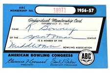 Vintage American Bowling Congress Individual Membership Card 1956-57