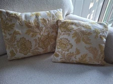 Pair  Vintage Tapestry Style Pillows Ivory Gold Beige