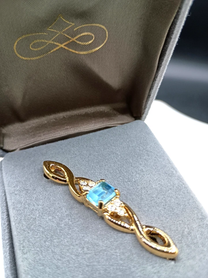 "Pin broche barra vintage aguamarina y cristal austriaco chapado en oro de 18 quilates caja de regalo de 2""" Foto 4 de 4