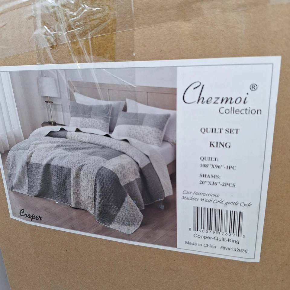 Juego de Edredón Talla King Floral Prelavado Algodón Silenciado Gris Blanco Marfil Cuadros Foto 4 de 4