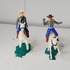Cowboy Plastic Figures on Horseback Lot of 2 Vintage HONG KONG Mounted Pair