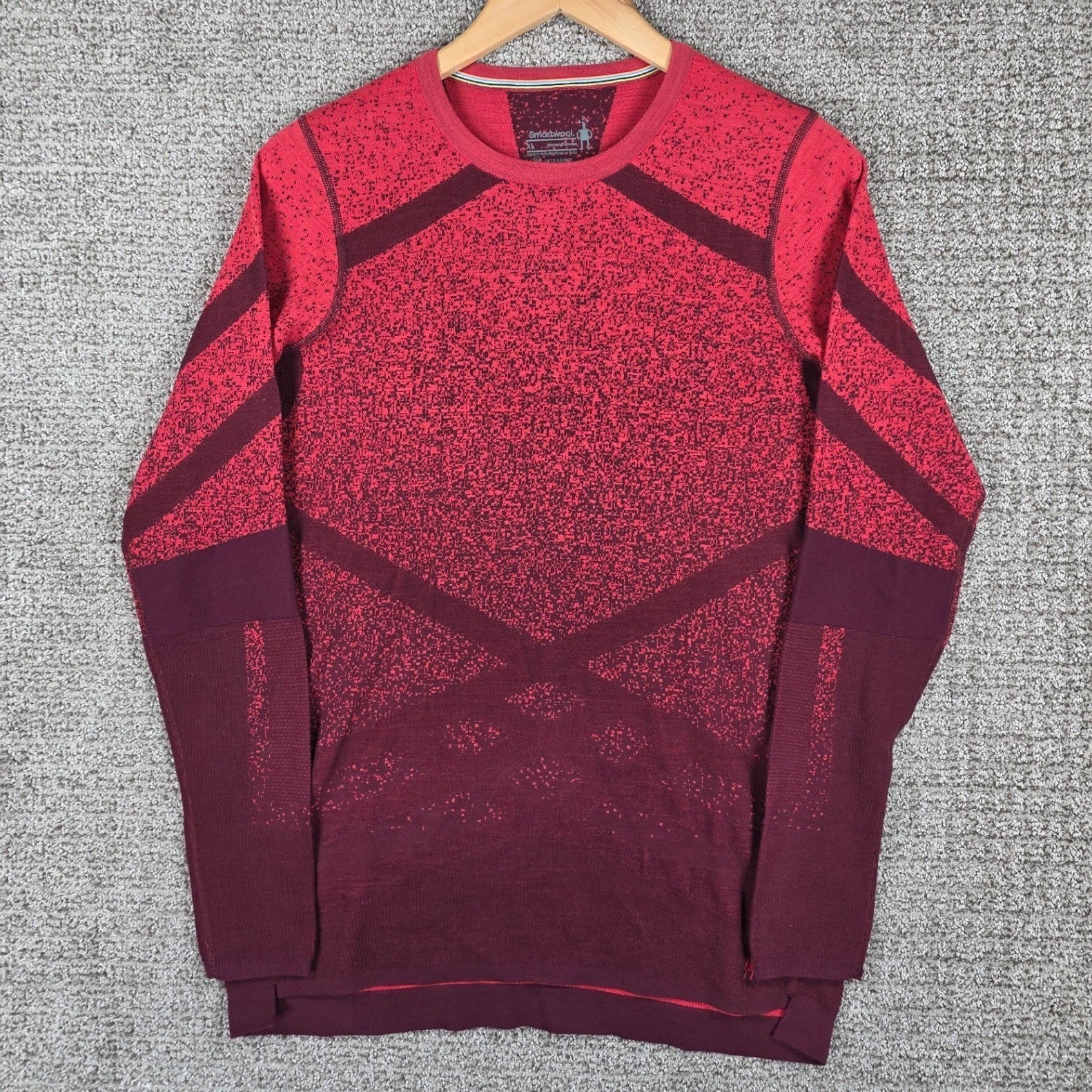 Smartwool Intraknit Merino 200 Crew Base Layer Womens XL Red Burgundy Geometric
