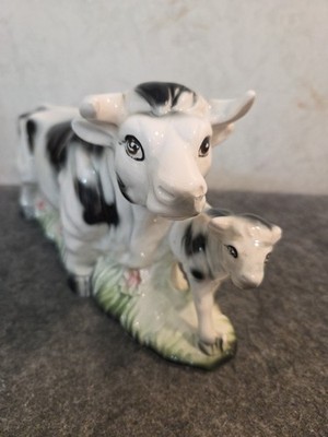 Vintage Cow And Calf Black & White Ceramic Figurine